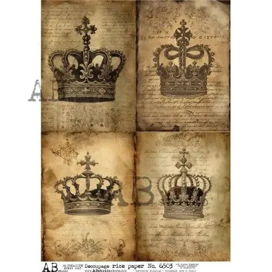 AB Studio, Rice Paper, Decoupage, Vintage, Antique Style, Crowns, Squares, Shabby chic, Mixed Media, 6503, A4 8.27 X 11.69 AB Studio