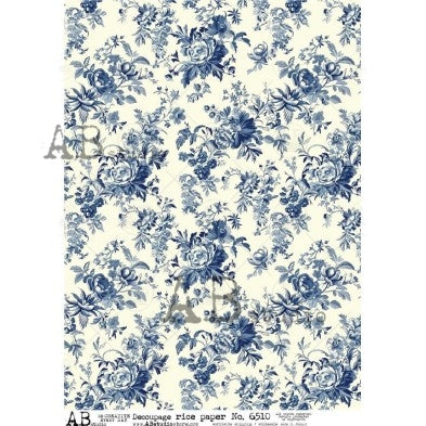 AB Studio, Shabby Chic, Blue, White, Roses, Wallpaper, Background, 6510, A4, 8.27 X 11.69 in, Rice Paper, Decoupage, Mixed Media