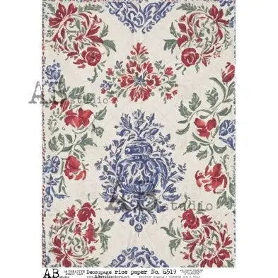 AB Studio, Rice Paper, Decoupage, Wallpaper, Background, Shabby Chic, Blue, Red, 6519, A4 8.27 x 11.69, Mixed Media AB Studio