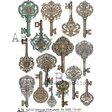 AB Studio, Rice Paper for Decoupage, Vintage Antique Style, Keys, 6525, A4 8.27 X 11.69, Mixed Media
