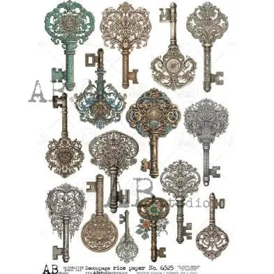 AB Studio, Rice Paper for Decoupage, Vintage Antique Style, Keys, 6525, A4 8.27 X 11.69, Mixed Media AB Studio