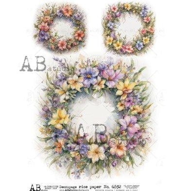AB Studio, Rice Paper for Decoupage, Romantic, Shabby Chic, Floral Wreaths, Flowers, Spring, 6532, A4 8.27 X 11.69 Imported Poland