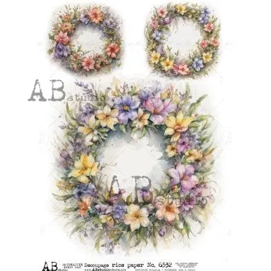 AB Studio, Rice Paper for Decoupage, Romantic, Shabby Chic, Floral Wreaths, Flowers, Spring, 6532, A4 8.27 X 11.69 Imported Poland AB Studio
