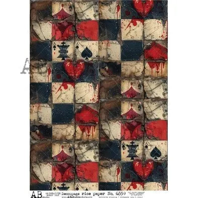 AB Studio, Rice Paper, Decoupage, Vintage, Antique Style, Black, White, Red, Squares, Checks, Cards, Mixed Media, 6559, A4 8.27 X 11.69 AB Studio