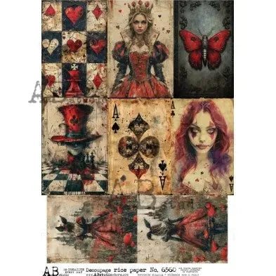 AB Studio, Rice Paper, Decoupage, Vintage, Antique Style, Black, White, Red, Squares, Checks, Cards, Mixed Media, 6560, A4 8.27 X 11.69 AB Studio