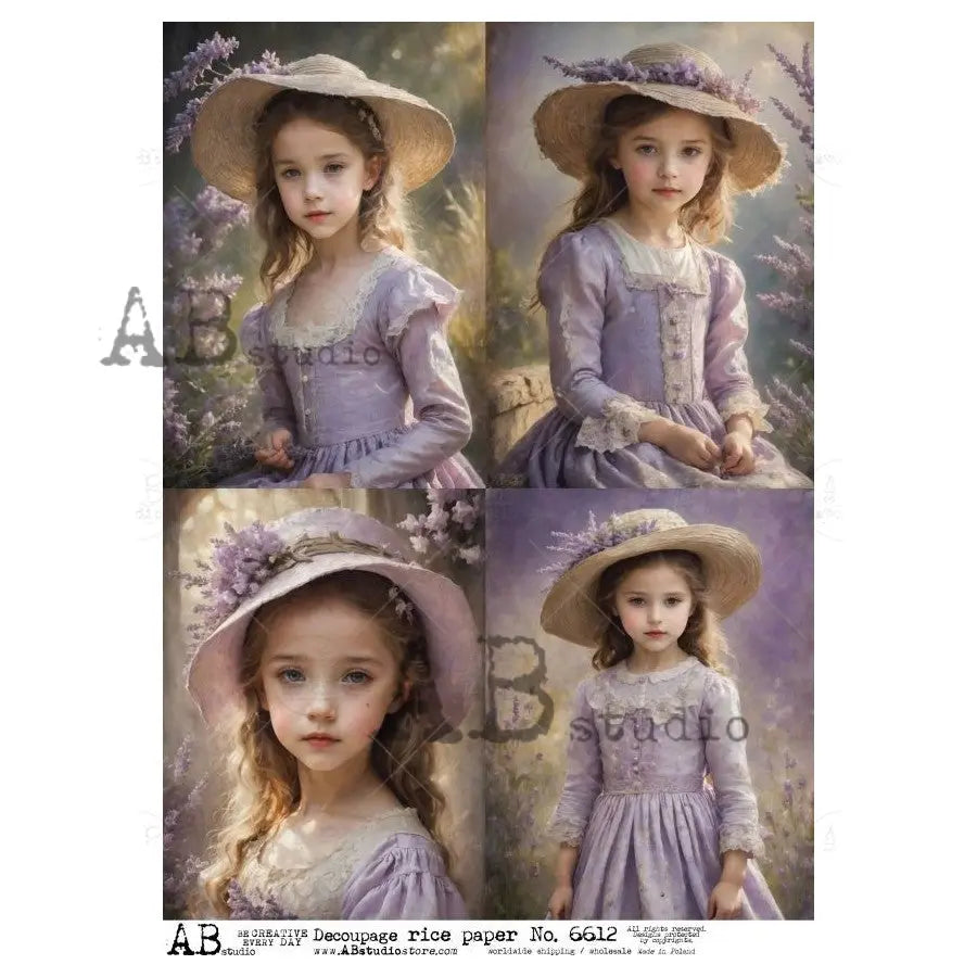 AB Studio, Rice Paper, Decoupage, Girls in Purple Dress, Hat, Squares, Vintage, Shabby Chic Style, ID-6612, A4 8.27 X 11.69 in AB Studio