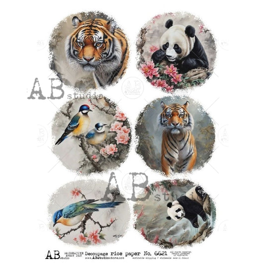 AB Studio, Rice Paper, Decoupage, Japanese, Animals, Panda, Tiger, Birds, Rounds, Ornaments, Asian, ID-6621, A4 8.27 X 11.69 in