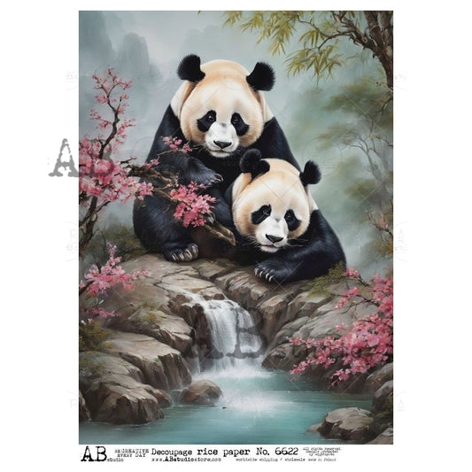 AB Studio, Rice Paper, Decoupage, Panda Bears, Japanese, Asian Landscape, Stream, Pink Foliage, ID-6622, A4 8.27 X 11.69 in
