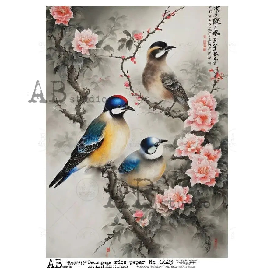 AB Studio, Rice Paper, Decoupage, Japanese Script Art, Blue, Yellow, Birds, Pink Blossoms, Asian, ID-6623, A4 8.27 X 11.69 in AB Studio