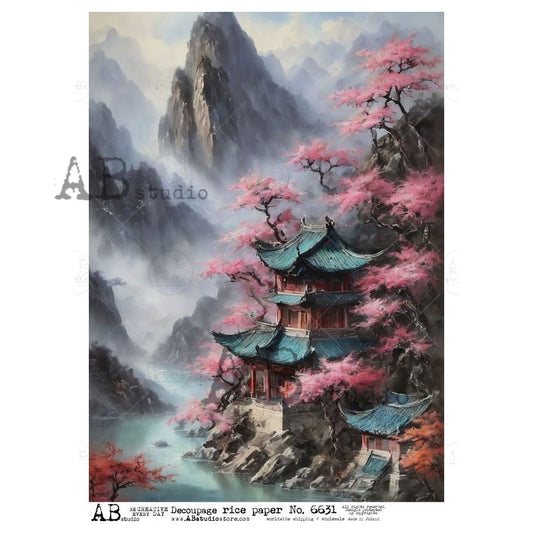 AB Studio, Rice Paper, Decoupage, Japan, Asian Landscape, Mountains, Village, Pink Trees, ID-6631, A4 8.27 X 11.69 in