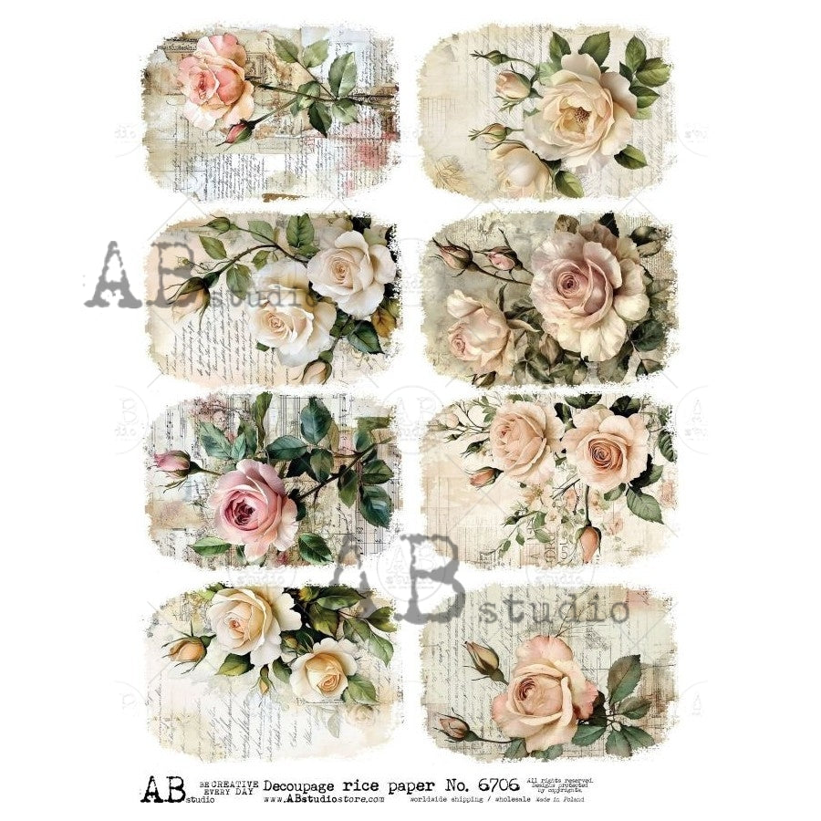 AB Studio, Rice Paper, Decoupage, Pink Roses, Tags, Flowers, Vintage, Shabby Chic Style, ID-6706, A4 8.27 X 11.69 in