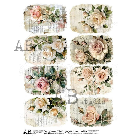AB Studio, Rice Paper, Decoupage, Pink Roses, Tags, Flowers, Vintage, Shabby Chic Style, ID-6706, A4 8.27 X 11.69 in