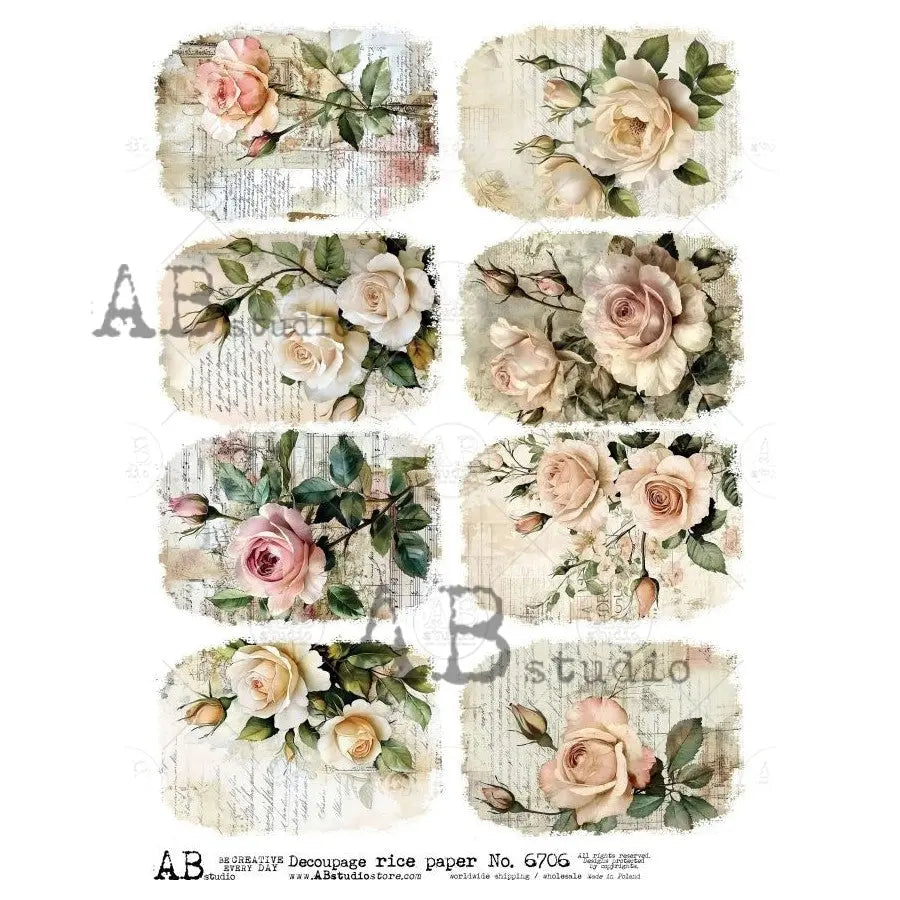 AB Studio, Rice Paper, Decoupage, Pink Roses, Tags, Flowers, Vintage, Shabby Chic Style, ID-6706, A4 8.27 X 11.69 in AB Studio