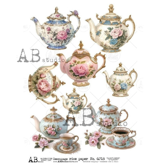 AB Studio, Milky Valley, Rice Paper, Decoupage, Teapots, Tea Cups, Floral, Vintage, Shabby Chic Style, ID-6718, A4 8.27 X 11.69 in