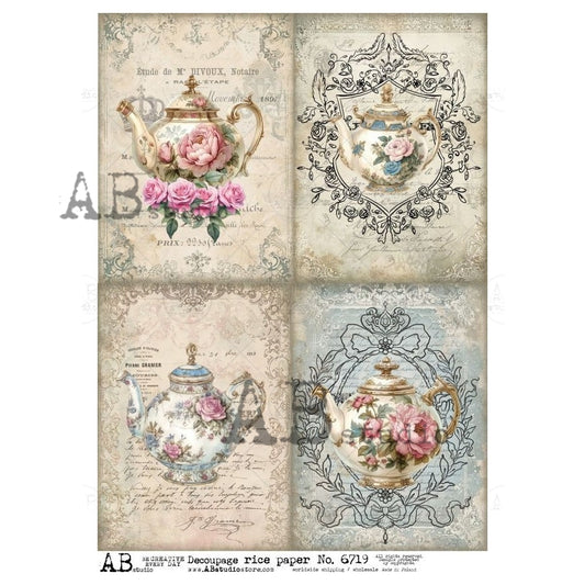 AB Studio, Rice Paper, Decoupage, Teapots, Floral, Roses, Squares, Cards, Antique, Shabby Chic Style, ID-6719, A4 8.27 X 11.69 in
