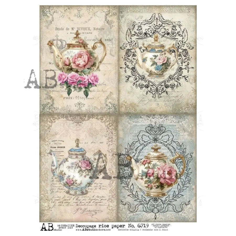 AB Studio, Rice Paper, Decoupage, Teapots, Floral, Roses, Squares, Cards, Antique, Shabby Chic Style, ID-6719, A4 8.27 X 11.69 in AB Studio