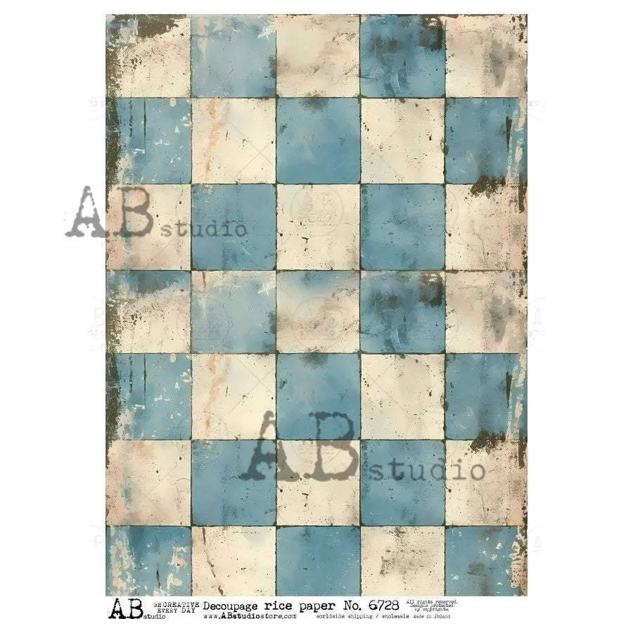 AB Studio, Rice Paper, Decoupage, Blue, White, Checkerboard, Background, Wallpaper, Antique, Shabby Chic Style, ID-6728, A4 8.27 X 11.69 in AB Studio