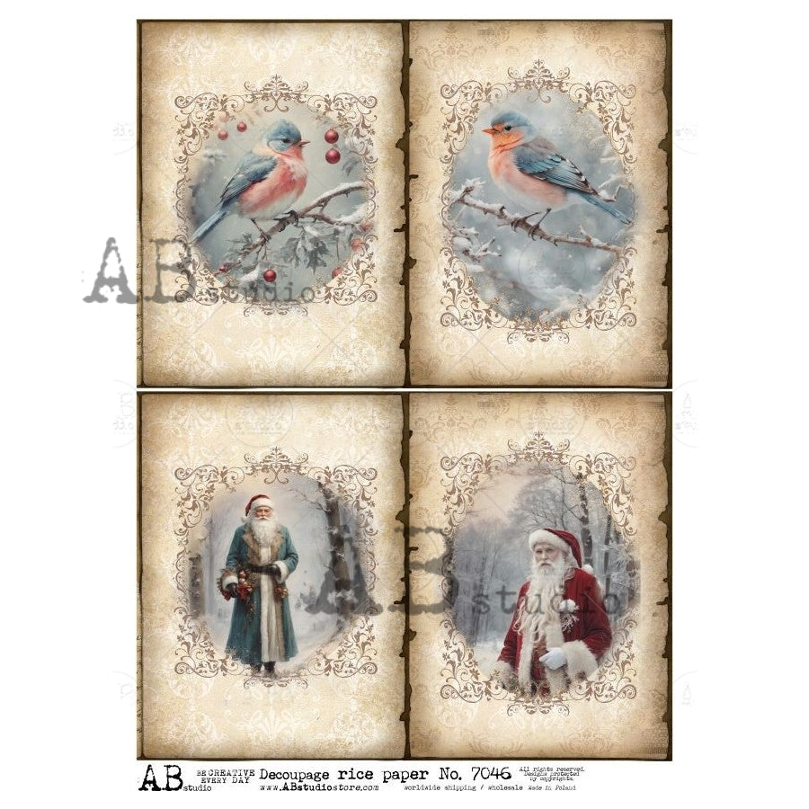 AB Studio, Rice Paper, Christmas, Vintage Style, Framed, Birds, Santa, Squares, Shabby Chic, A4 8.2 x 11.7, Mixed Media, Decoupage, ID-7046