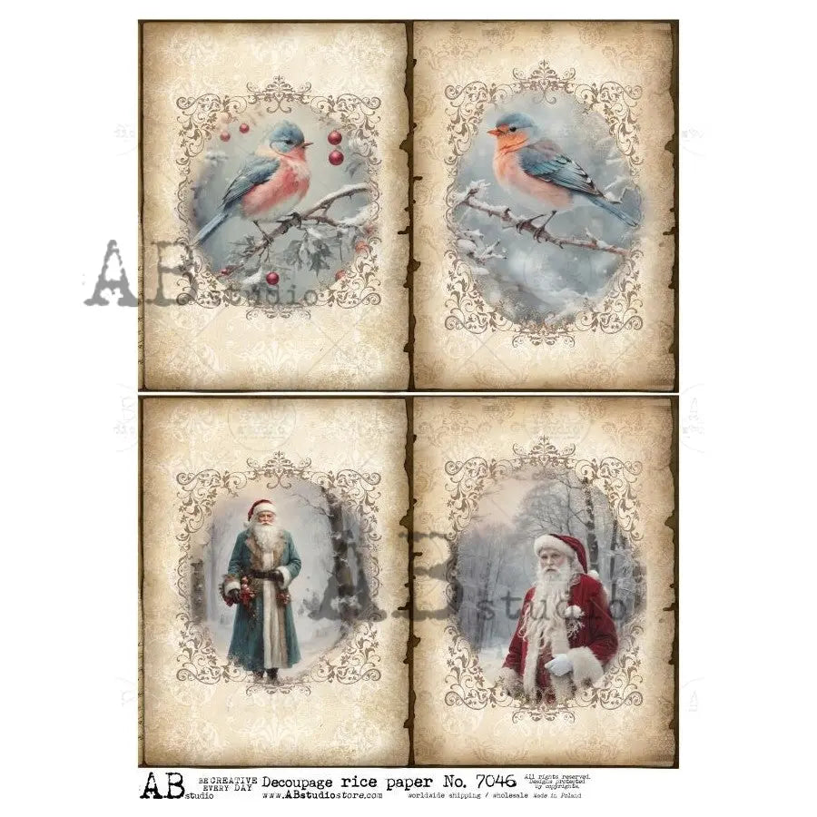 AB Studio, Rice Paper, Christmas, Vintage Style, Framed, Birds, Santa, Squares, Shabby Chic, A4 8.2 x 11.7, Mixed Media, Decoupage, ID-7046 AB Studio