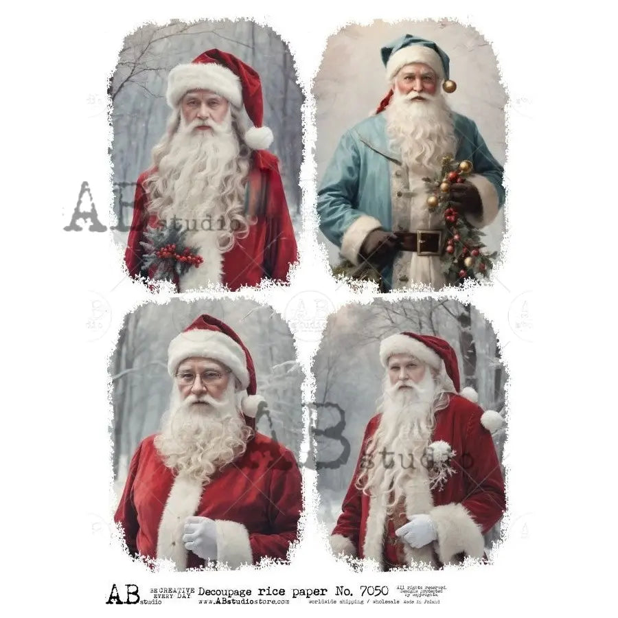 AB Studio, Rice Paper, Christmas, Santa Claus, Squares, Holiday, Portraits, A4 8.2 x 11.7, Mixed Media, Decoupage, ID-7050 AB Studio