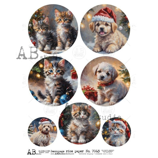 AB Studio, Rice Paper, Christmas, Puppies, Kittens, Decorations, Circles, Rounds, Ornaments, A4 8.2 x 11.7, Mixed Media, Decoupage, ID-7063