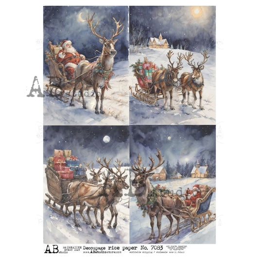 AB Studio, Rice Paper, Christmas, Santa, Reindeer Sleigh, Winter Snow, Night time, Squares, A4 8.2 x 11.7, Mixed Media, Decoupage, ID-7083