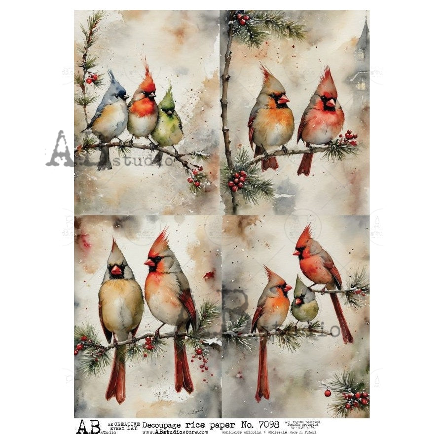 AB Studio, Rice Paper, Christmas, Snow Birds, Cardinals, Holly Branches, Cards, Shabby Chic, A4 8.2 x 11.7, Mixed Media, Decoupage, ID-7098