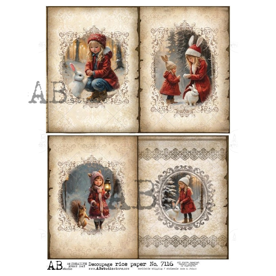 AB Studio, Rice Paper, Christmas, Vintage Style, Framed, Girls, Bunnies, Shabby Chic, A4 8.2 x 11.7, Mixed Media, Decoupage, ID-7116