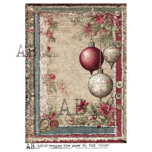 AB Studio, Rice Paper, Christmas, Framed, Ornaments, Poinsettia, Lace, Shabby Chic, Background, A4 8.3 x 11.7, Mixed Media, Decoupage, 7123
