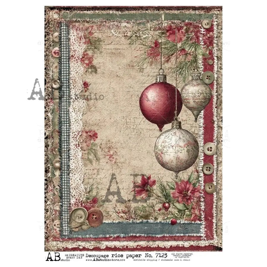 AB Studio, Rice Paper, Christmas, Framed, Ornaments, Poinsettia, Lace, Shabby Chic, Background, A4 8.3 x 11.7, Mixed Media, Decoupage, 7123 AB Studio