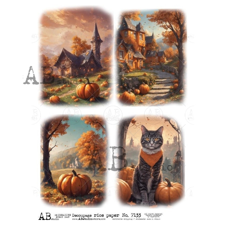 AB Studio, Rice Paper, Halloween, Fall, Fall, Pumpkins, Bat, Haunted House, Squares, A4 8.27 x 11.69, Mixed Media, Decoupage, ID-7133