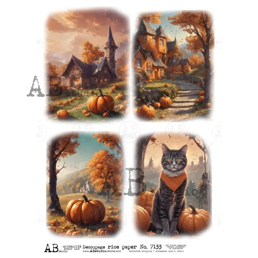 AB Studio, Rice Paper, Halloween, Fall, Fall, Pumpkins, Bat, Haunted House, Squares, A4 8.27 x 11.69, Mixed Media, Decoupage, ID-7133 AB Studio
