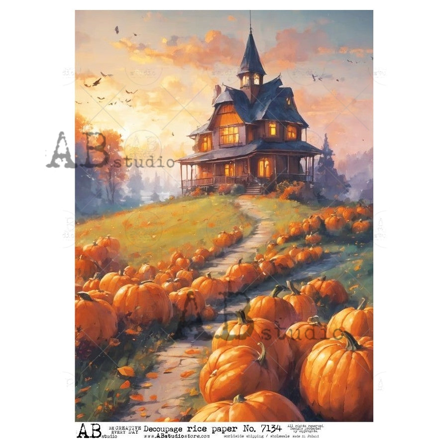 AB Studio, Rice Paper, Halloween, Haunted House, Pumpkins, Fall, Autumn Landscape, A4 8.27 x 11.69, Mixed Media, Decoupage, ID-7134