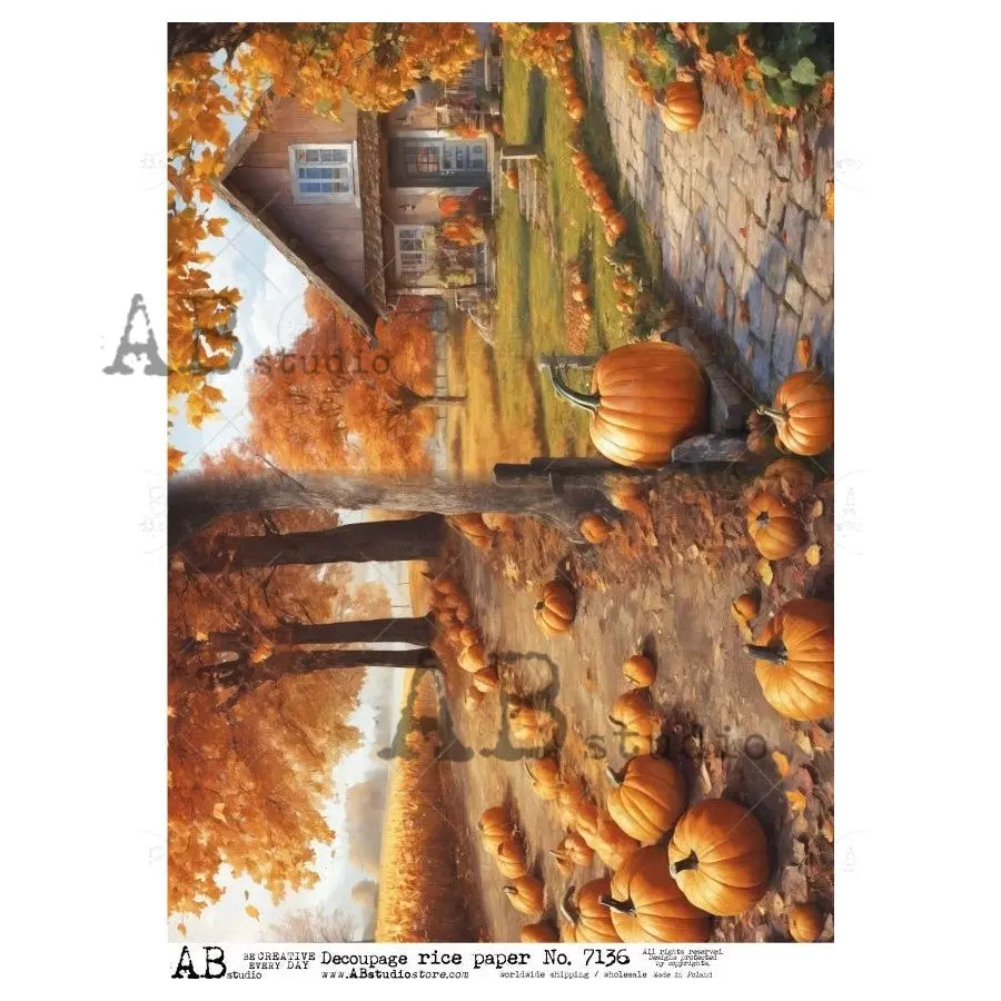 AB Studio, Rice Paper, Fall, Autumn, Pumpkins, Leaves, Country Cabin, A4 8.27 x 11.69, Mixed Media, Decoupage, ID-7136 AB Studio