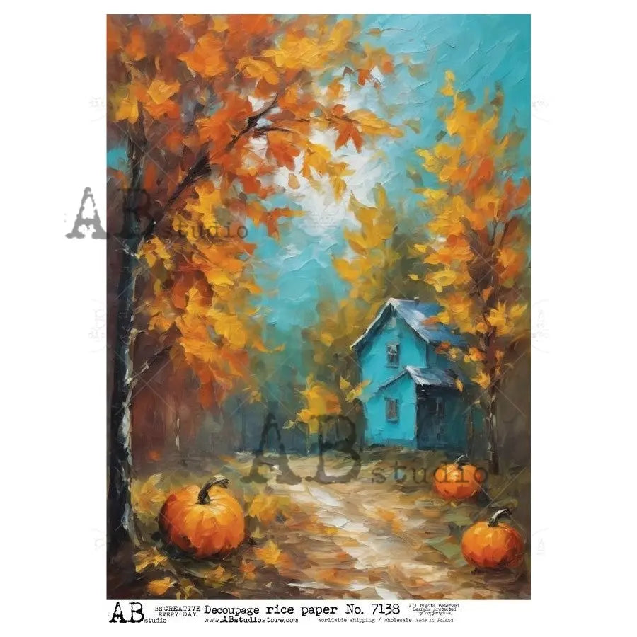 AB Studio, Rice Paper, Fall, Autumn, Pumpkins, Leaves, Country Cabin, A4 8.27 x 11.69, Mixed Media, Decoupage, ID-7138 AB Studio