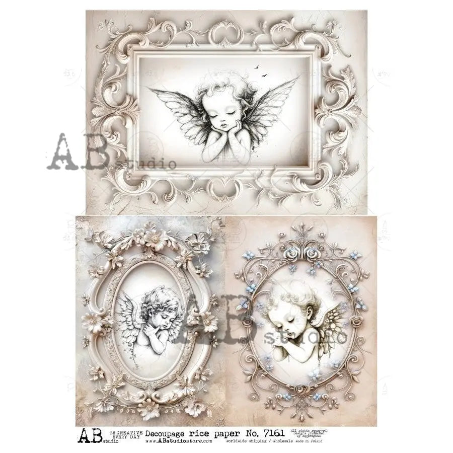 AB Studio, Rice Paper, Angel, Cherubs, Angels, Vintage Frame, Shabby Chic, Blue, Gray, Tones, A4 8.2 x 11.7, Mixed Media, Decoupage, ID-7161 AB Studio