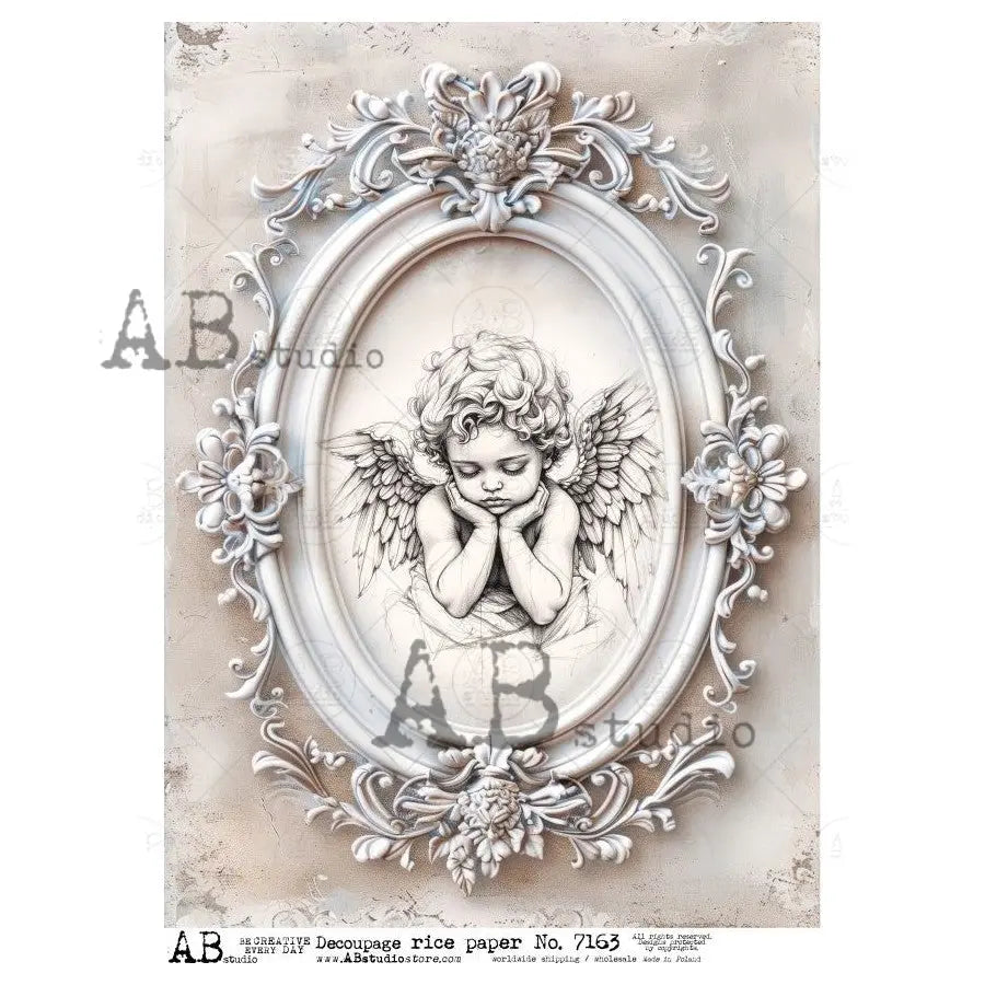 AB Studio, Rice Paper, Angel, Cherub, Angel, Vintage Frame, Shabby Chic, Blue, Gray, Tones, A4 8.27 x 11.69, Mixed Media, Decoupage, ID-7163 AB Studio