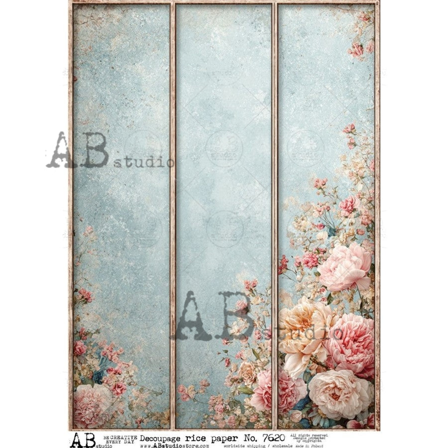 AB Studio Rice Paper, Blue Floral Bands, Borders, Trims, Decoupage, Mixed Media, Scrapbooking, A4 8.27 x 11.69