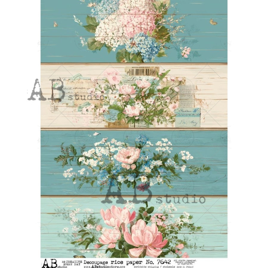 AB Studio Rice Paper, Delicate Blue Florals, Floral Bands, Trim, Shabby Chic, Decoupage, Mixed Media, Scrapbooking, A4 8.27 x 11.69