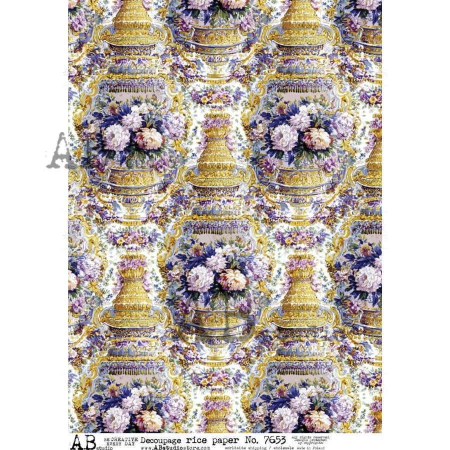 AB Studio Rice Paper, Victorian Style Background, Purple, Gold, Vintage, Decoupage, Mixed Media, Scrapbooking, A4 8.27 x 11.69