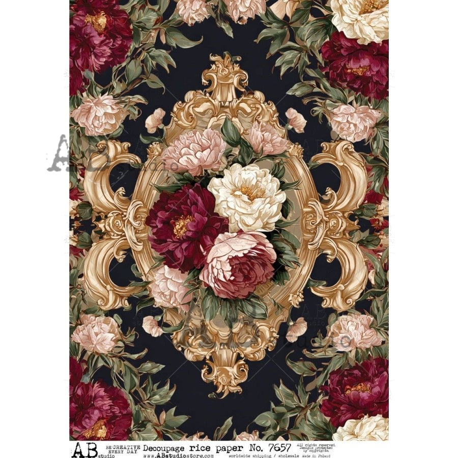 AB Studio Rice Paper, Victorian Style, Gold, Red Florals, Shabby Chic, Decoupage, Mixed Media, Scrapbooking, A4 8.27 x 11.69