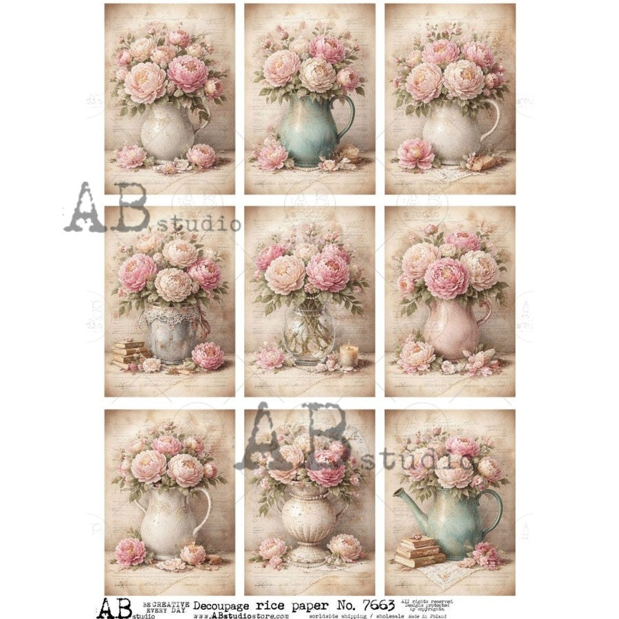 AB Studio Rice Paper, Vintage Style, Pink Flowers, Ceramic Pots, Squares, Shabby Chic, Decoupage, Mixed Media, Scrapbooking, A4 8.27 x 11.69