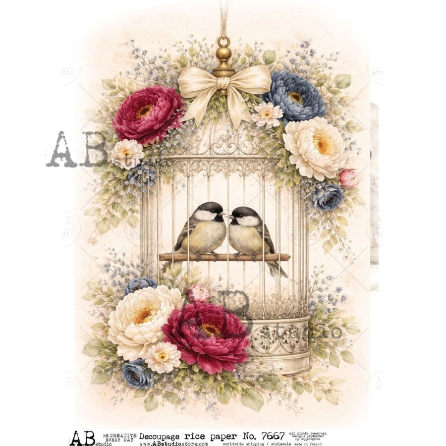 AB Studio Rice Paper, Victorian Style Love Birds, Gold Cage, Florals, Shabby Chic, Decoupage, Mixed Media, Scrapbooking, A4 8.27 x 11.69