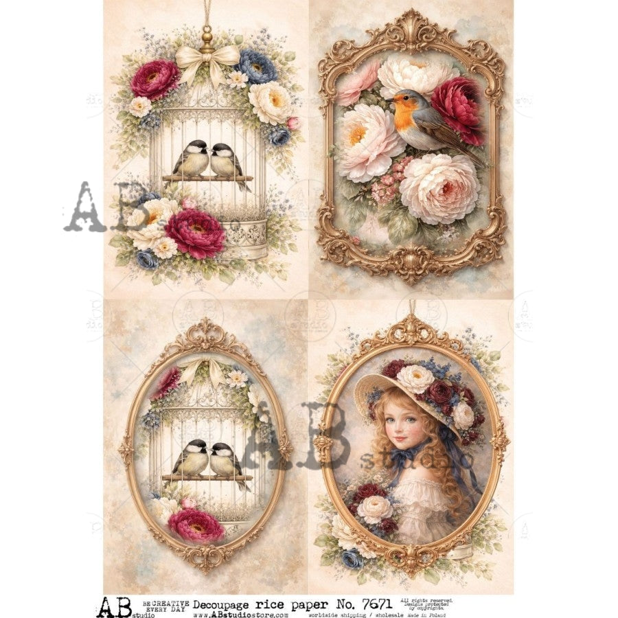 AB Studio Rice Paper, Vintage Style, Florals, Love Birds, Gold Frames, Shabby Chic, Decoupage, Mixed Media, Scrapbooking, A4 8.27 x 11.69
