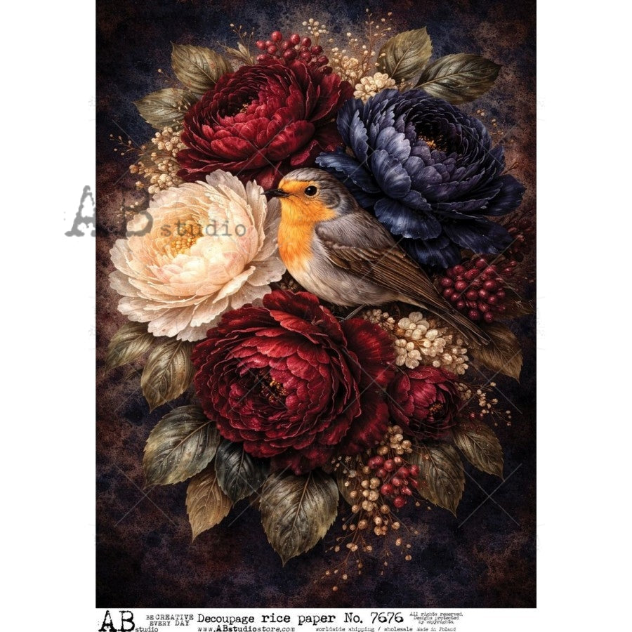 AB Studio Rice Paper, Blue, Red Florals, Bird, Black Background, Shabby Chic, Decoupage, Mixed Media, Scrapbooking, A4 8.27 x 11.69