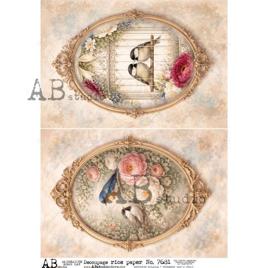 AB Studio Rice Paper, Vintage Style, Florals, Love Birds, Gold Frames, Shabby Chic, Decoupage, Mixed Media, Scrapbooking, A4 8.27 x 11.69