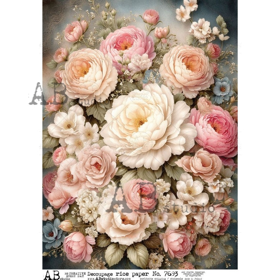 AB Studio Rice Paper, Vintage Style, Soft Pink Florals, Shabby Chic, Decoupage, Mixed Media, Scrapbooking, A4 8.27 x 11.69
