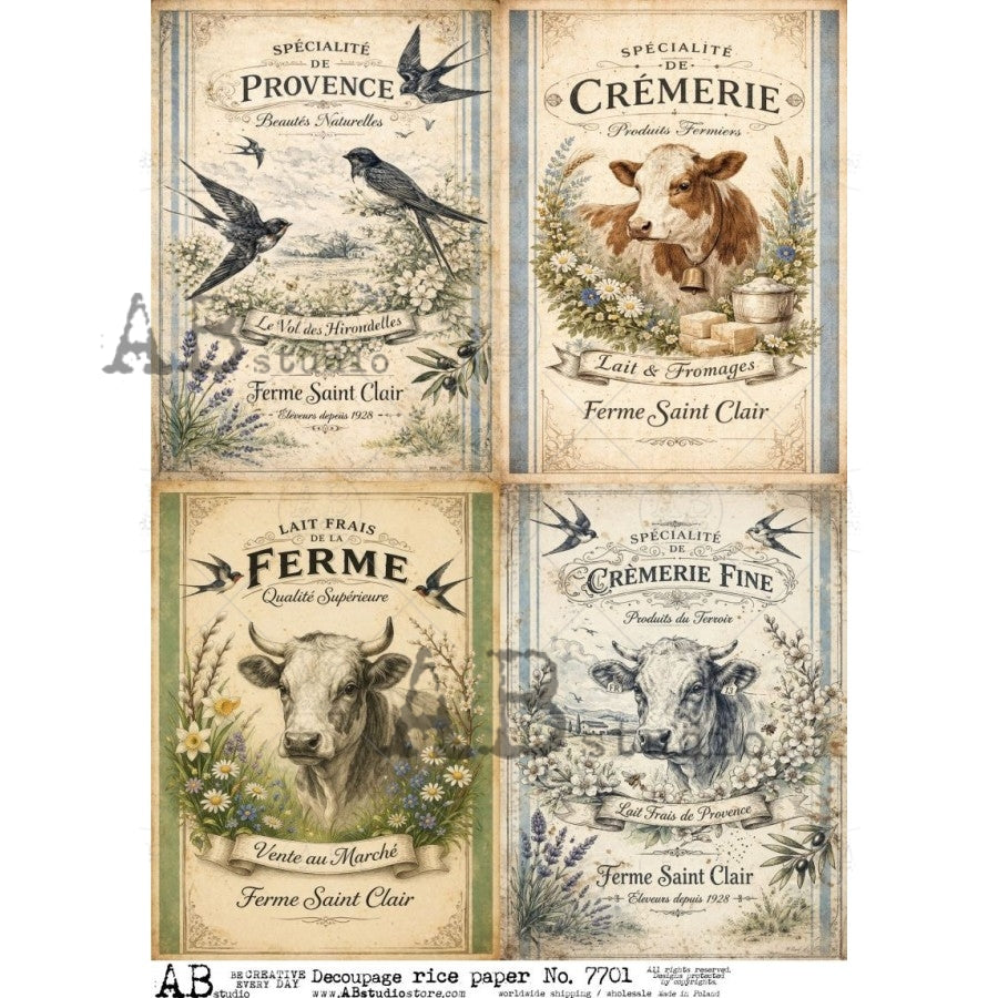 AB Studio Rice Paper, Vintage Style, Cows, Birds, Country Labels, Decoupage, Mixed Media, Scrapbooking, A4 8.27 x 11.69