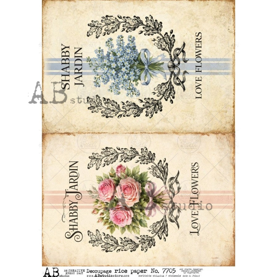 AB Studio Rice Paper, Vintage Style, Pink Florals, Love Flowers, Shabby Chic, Decoupage, Mixed Media, Scrapbooking, A4 8.27 x 11.69
