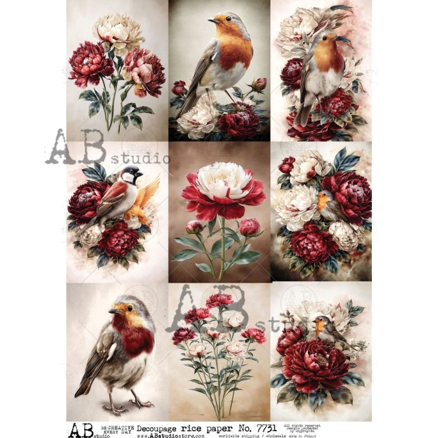 AB Studio Rice Paper, Vintage Style, Squares, Flowers, Birds, Decoupage, Mixed Media, Scrapbooking, A4 8.27 x 11.69